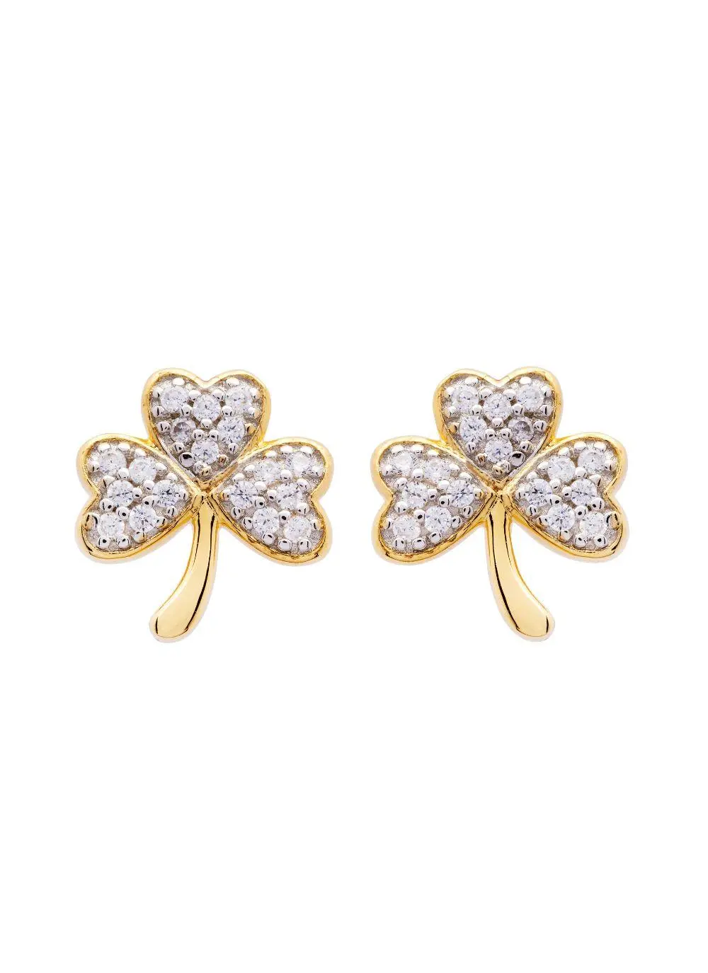 White background cut out image of 14Ct Gold Vermeil Shamrock Earrings with Cubic Zirconia